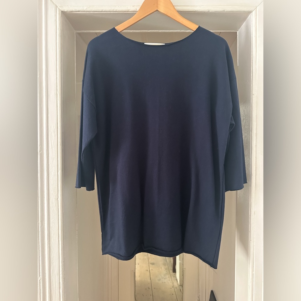 OLIVE Men’s Navy Raw Edge 3/4 Sleeve Knit T-Shirt sz M